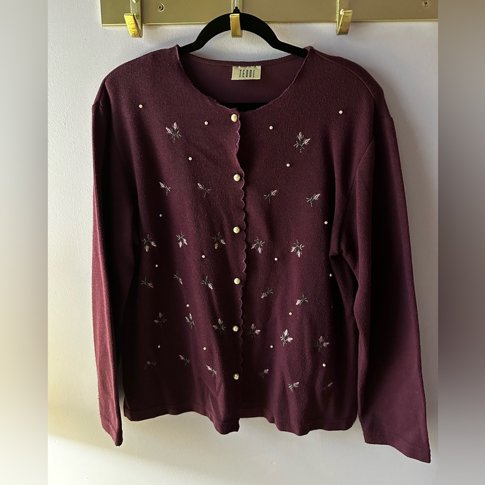 Vintage Teddi Burgundy Red Floral Pearl Cardigan Size L